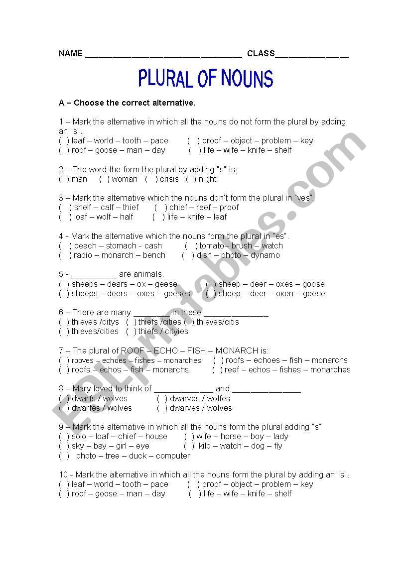 Plural of nouns worksheet