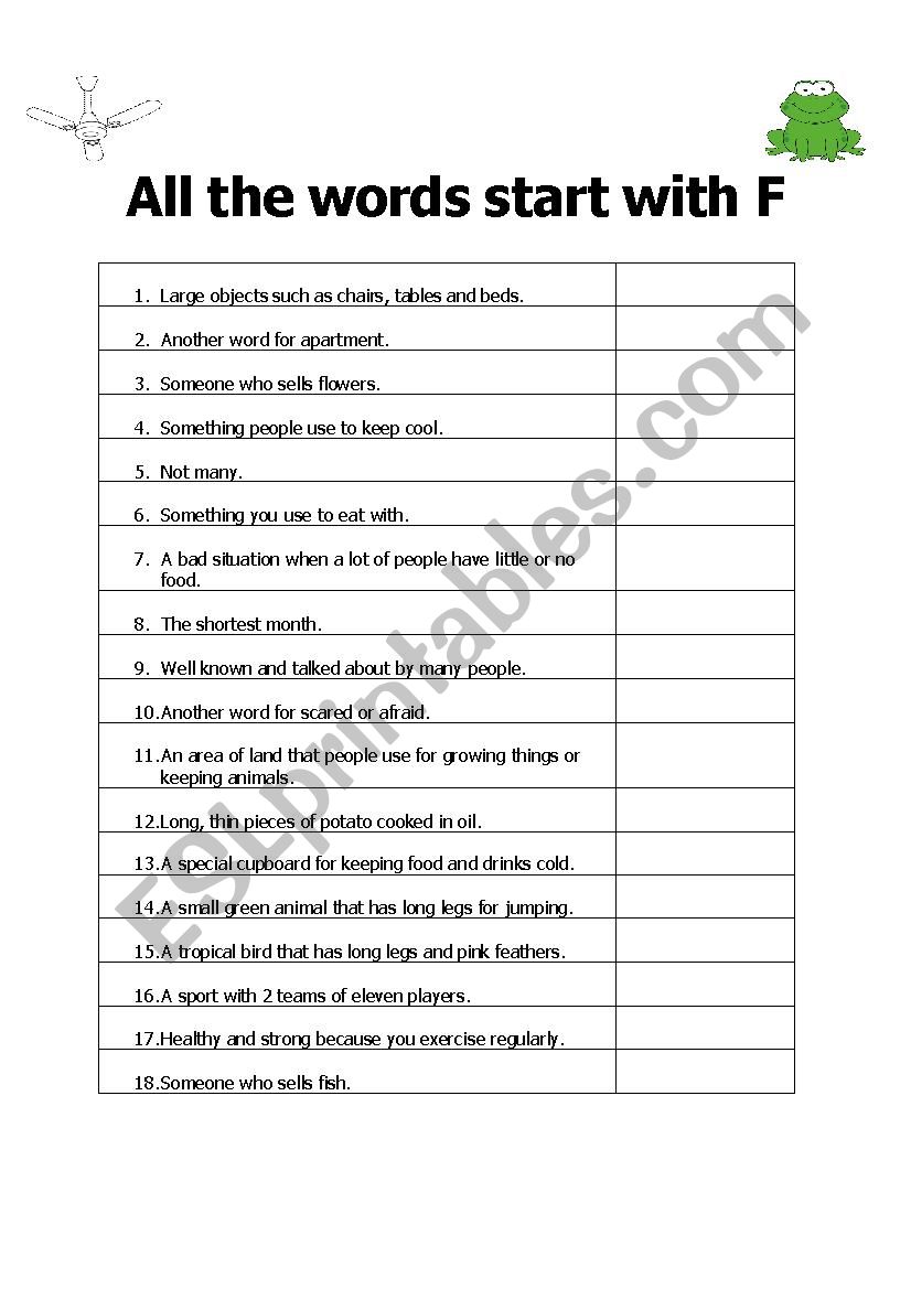 All The Words Start With F worksheet