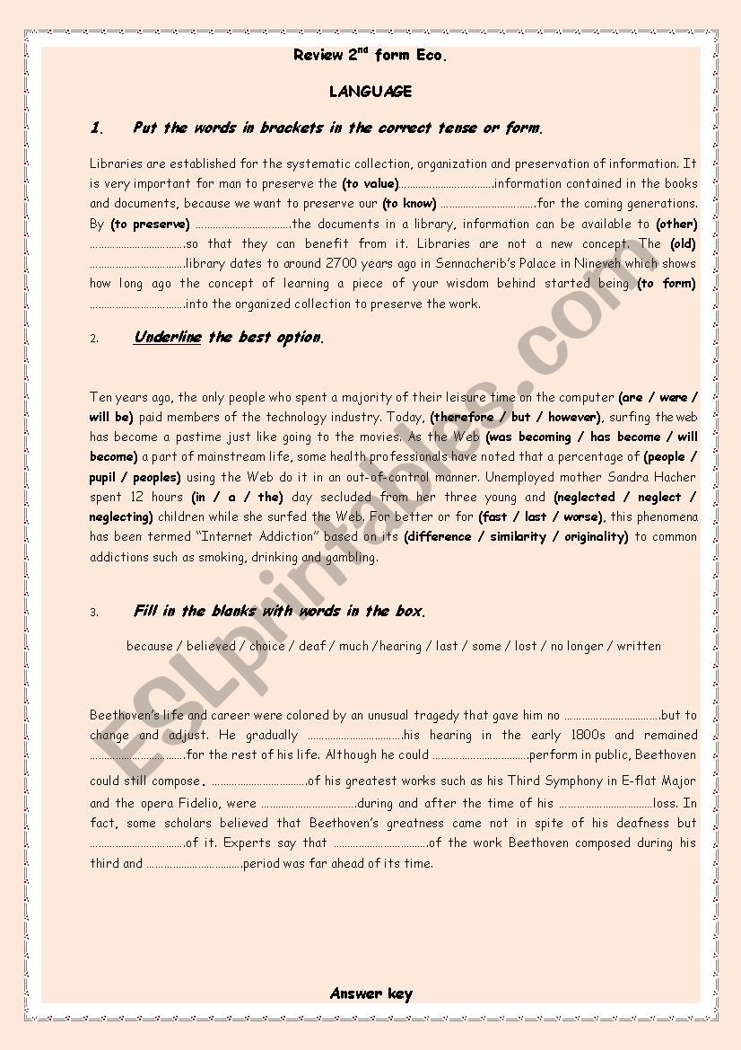 Review 2nd form (Tunisian) worksheet