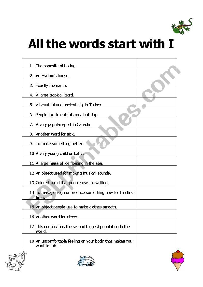 All The Words Start With I worksheet