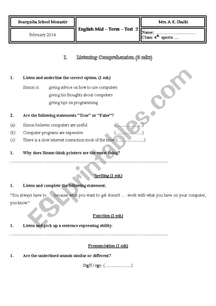 4th sports mid term test 2 (Tunisia)