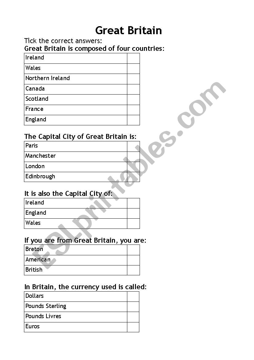 Great Britain Quiz worksheet