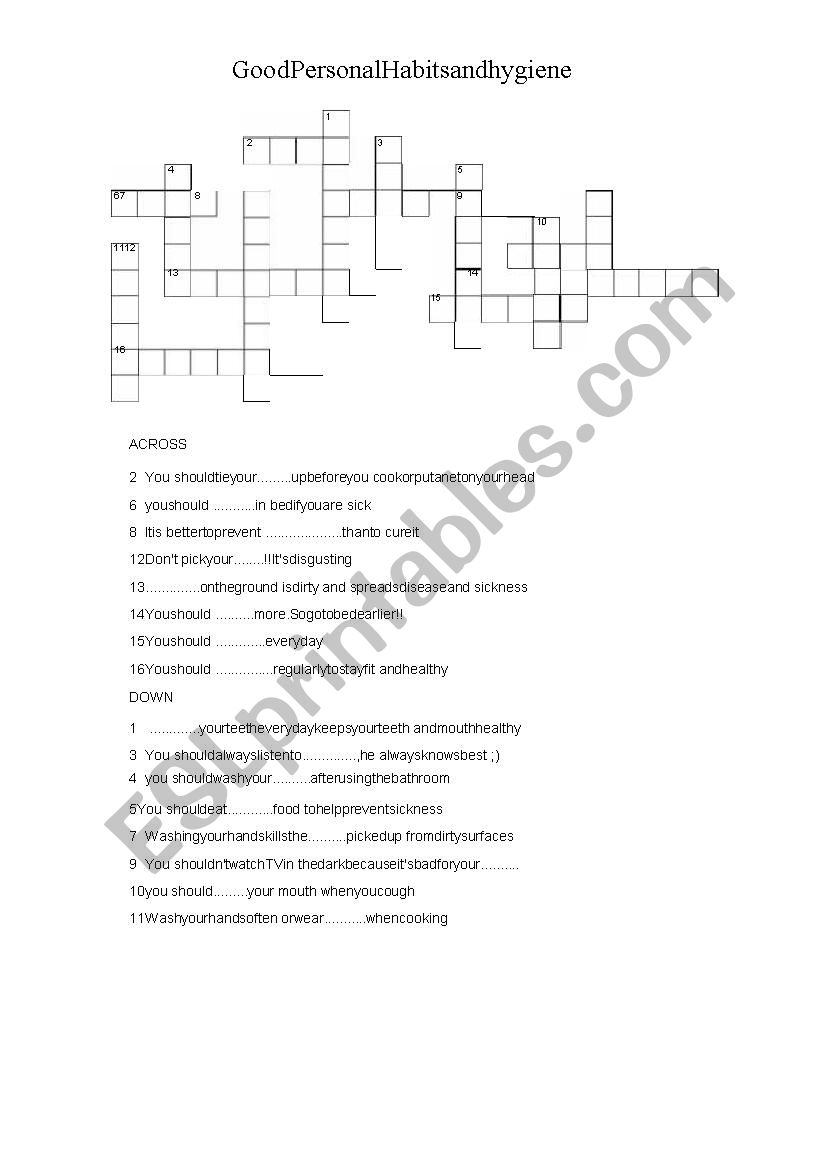 Hygiene crossword with key worksheet