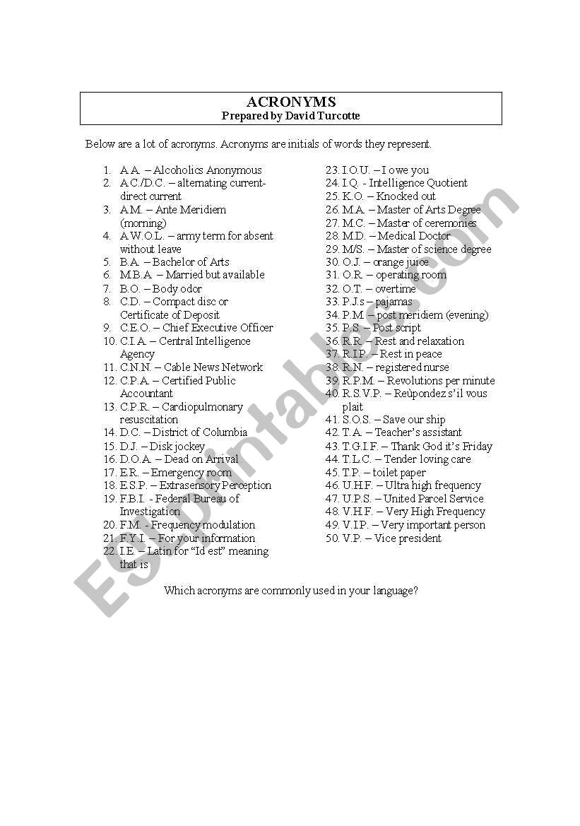 Acronyms worksheet