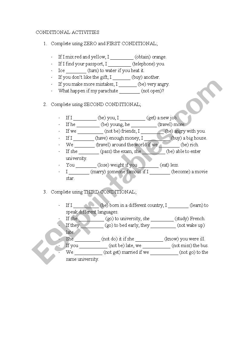 CONDITIONAL ACTIVITIES worksheet