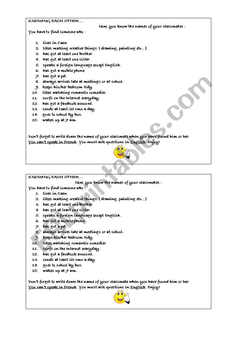 KNOWING EACH OTHER worksheet