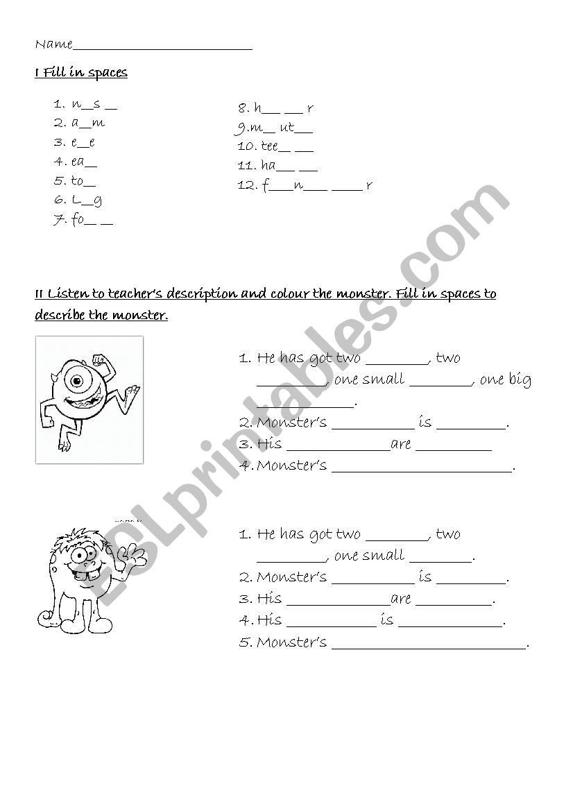 Parts of the body test  worksheet