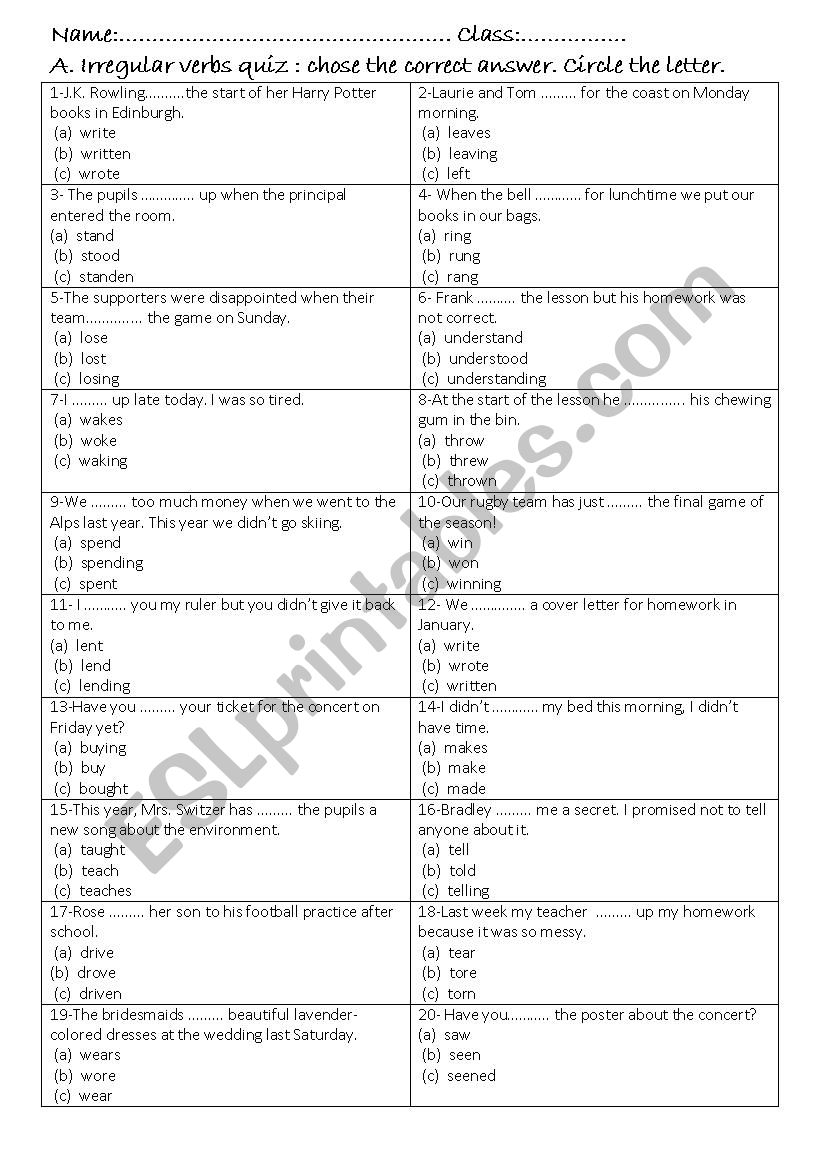 Irregular verbs quiz or test worksheet