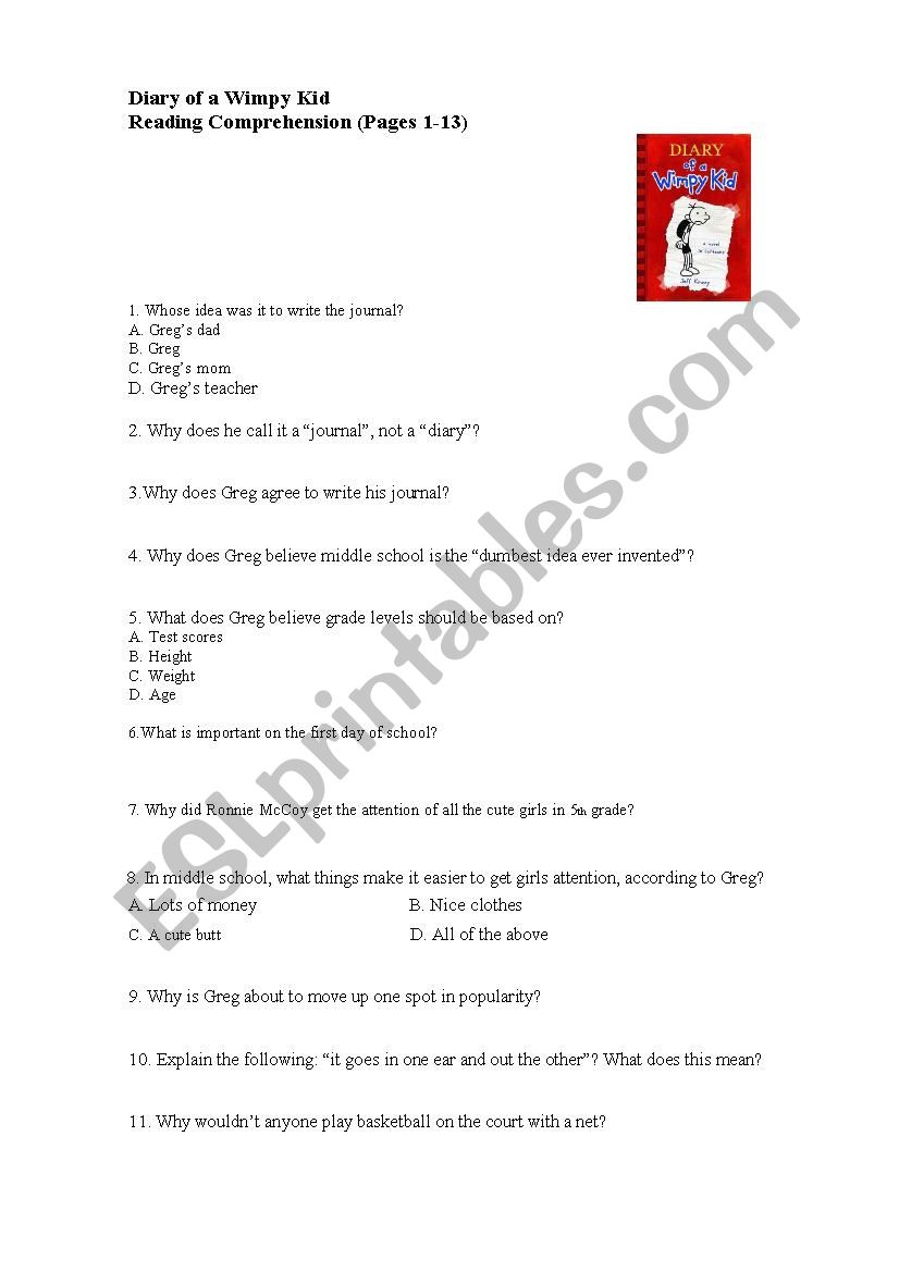 Diary of a Wimpy Kid. Reading comprehension questions, pages 1-13