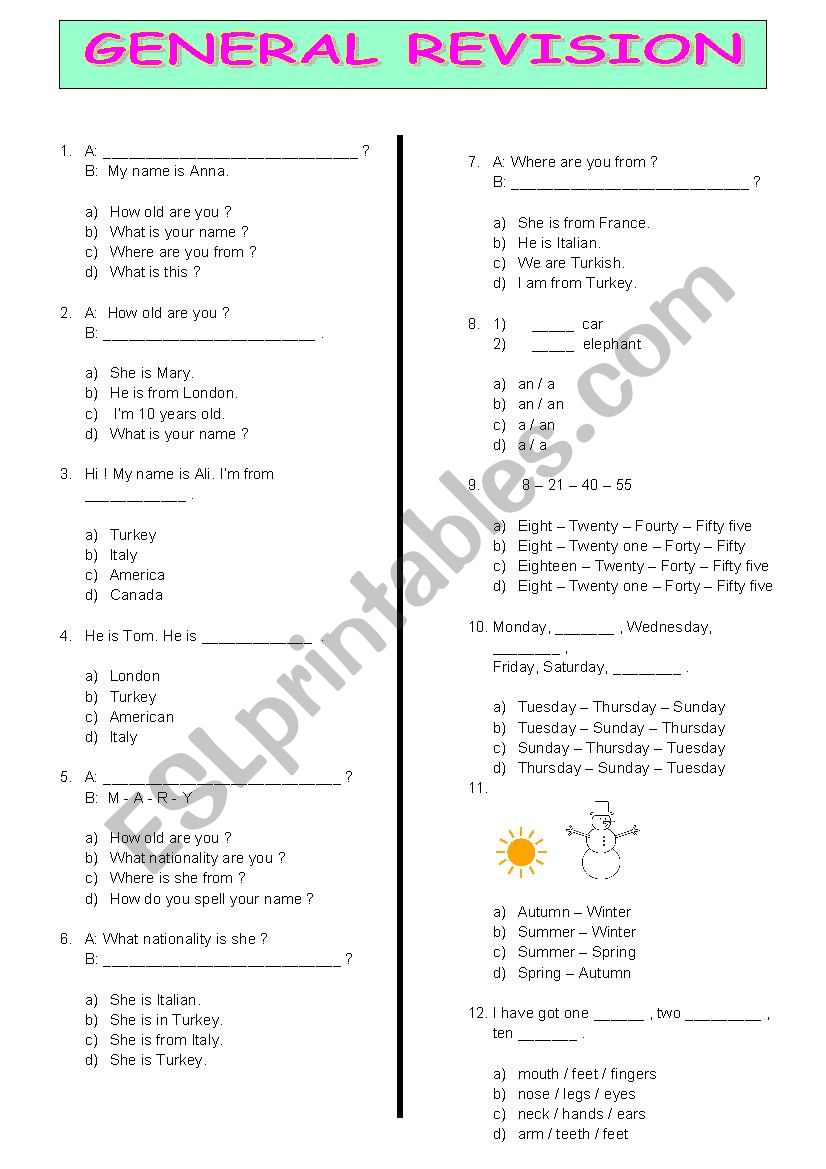 GENERAL REVISION TEST worksheet