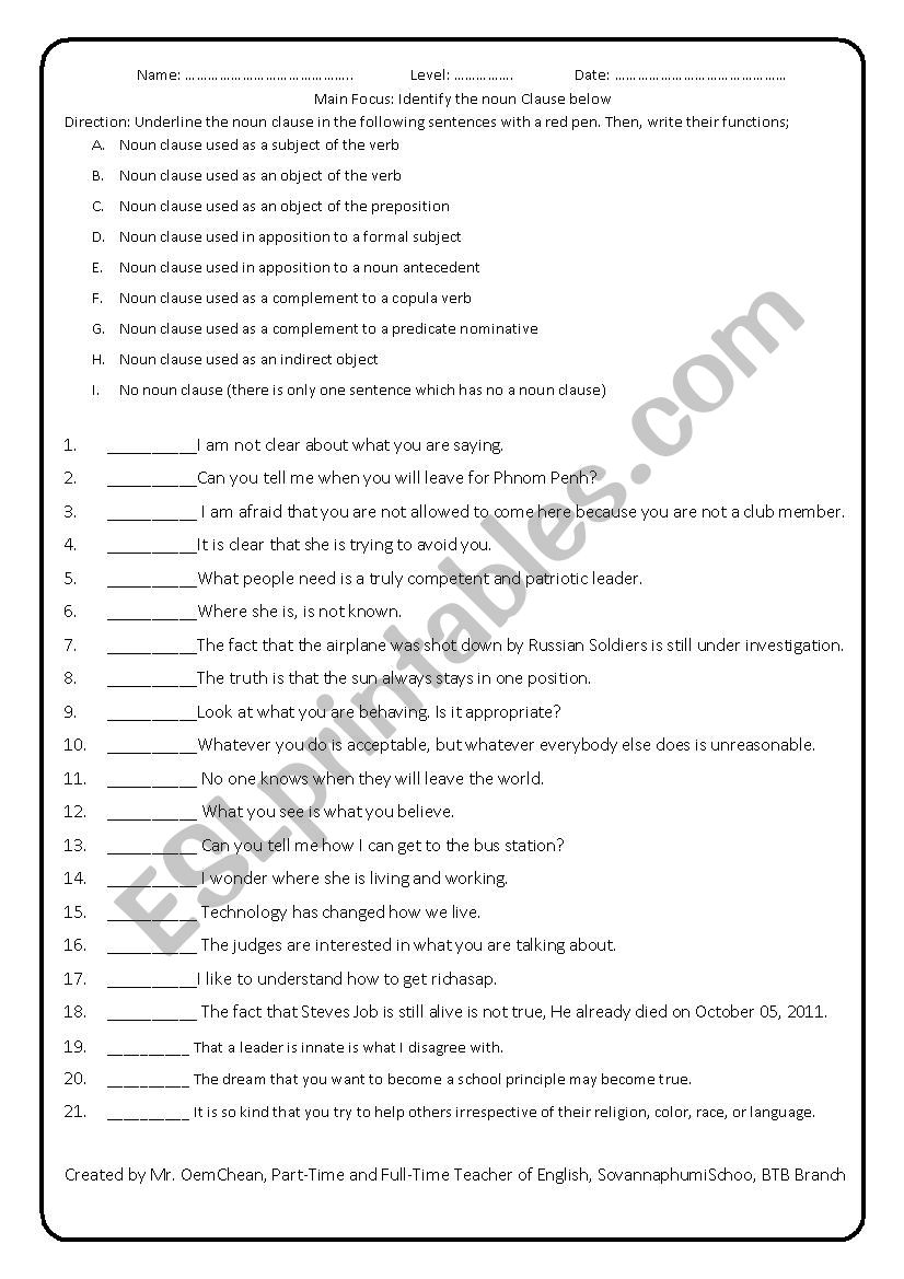 Identify noun clauses worksheet