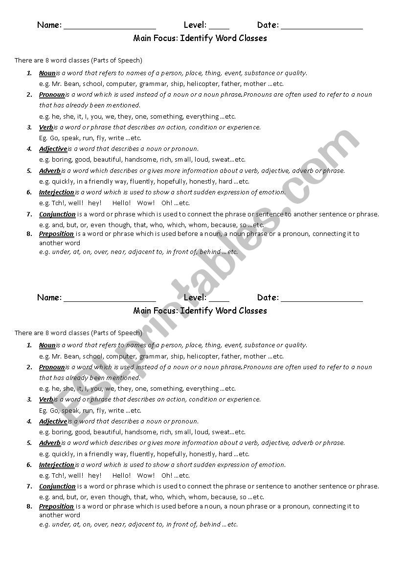 Parts of Speech worksheet