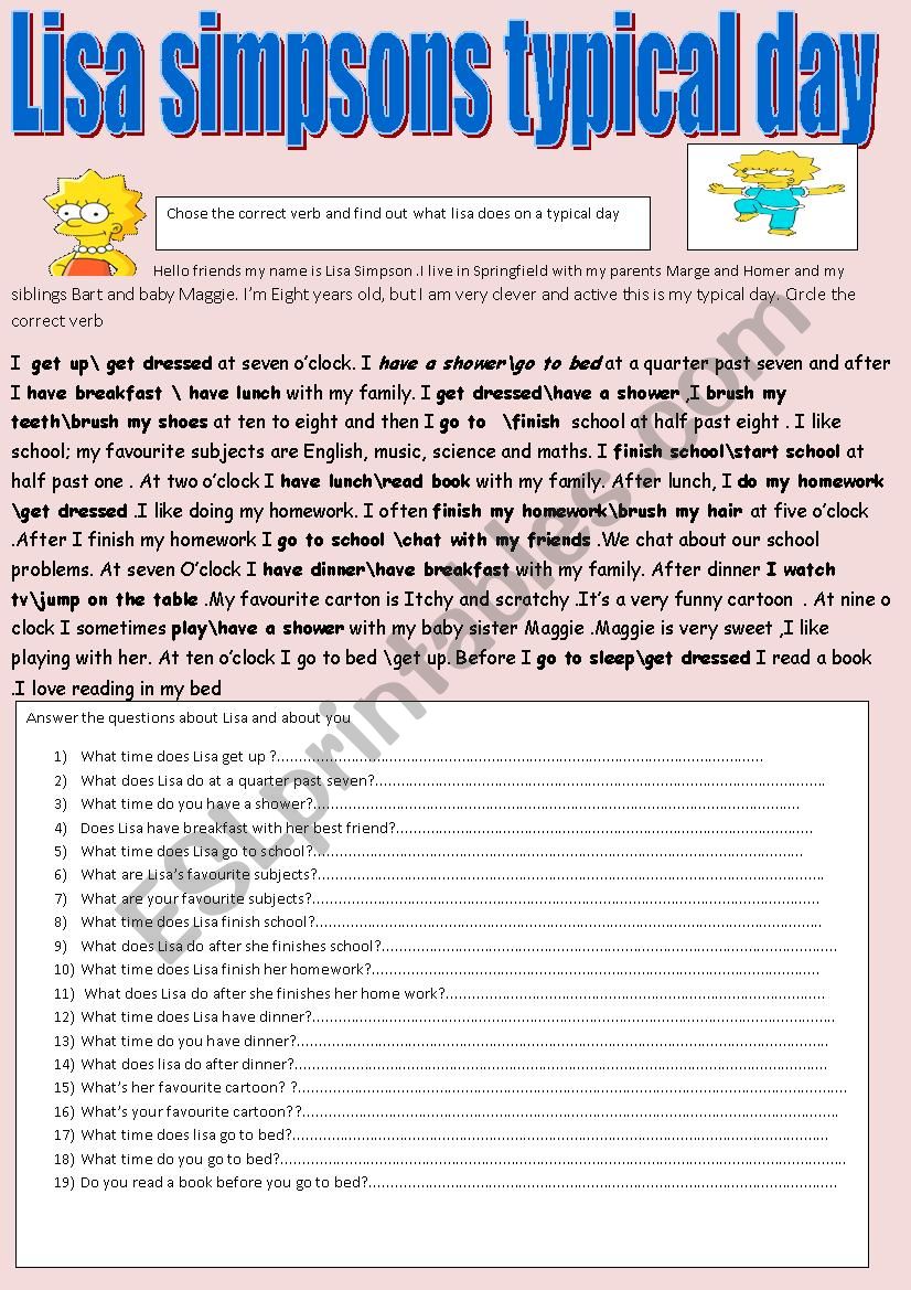 lisa simpsons typical day  worksheet