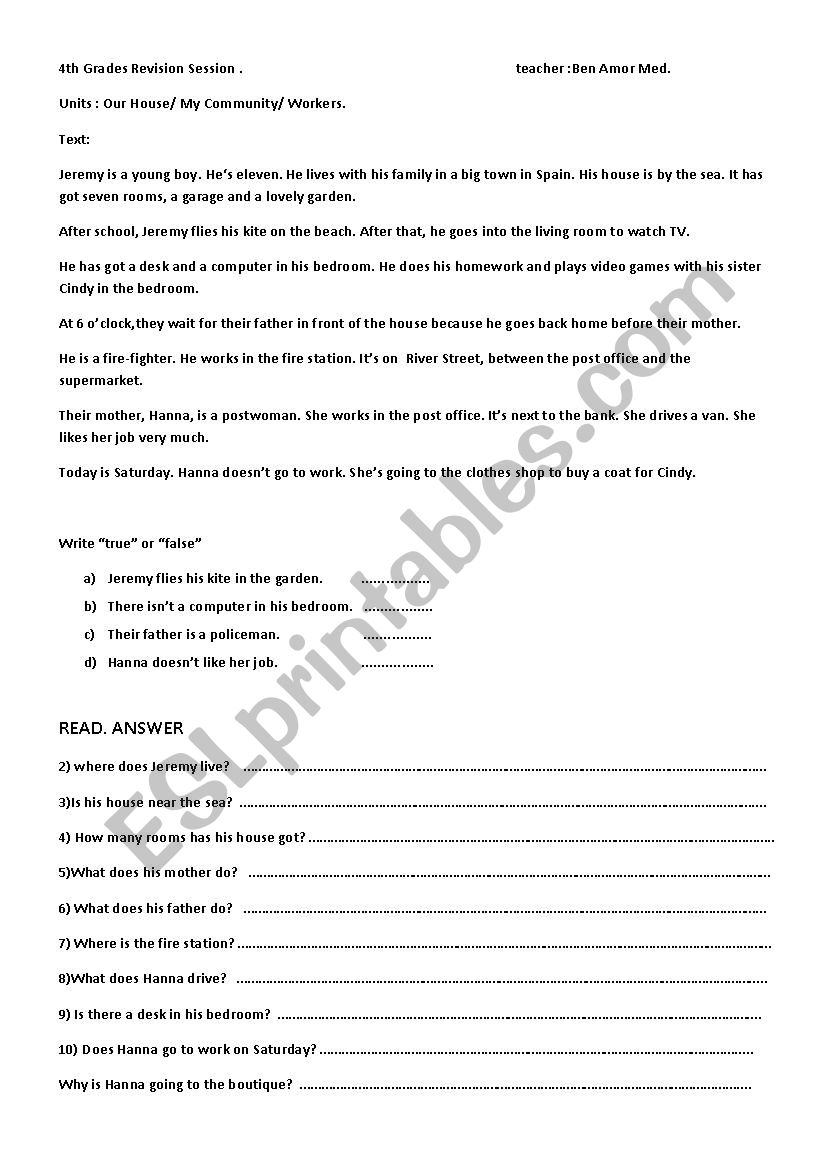 House-community-workers worksheet