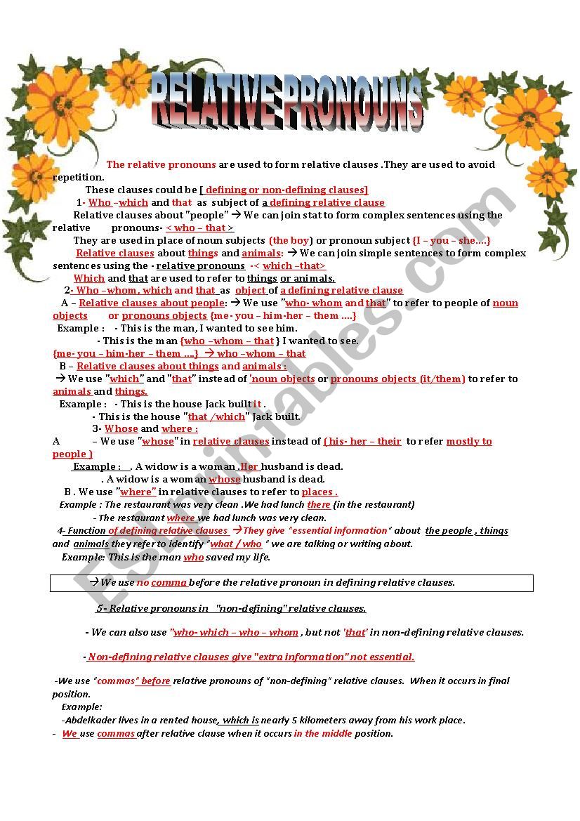 relative clause  worksheet