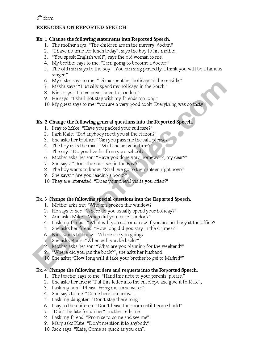 Reported Speech worksheet