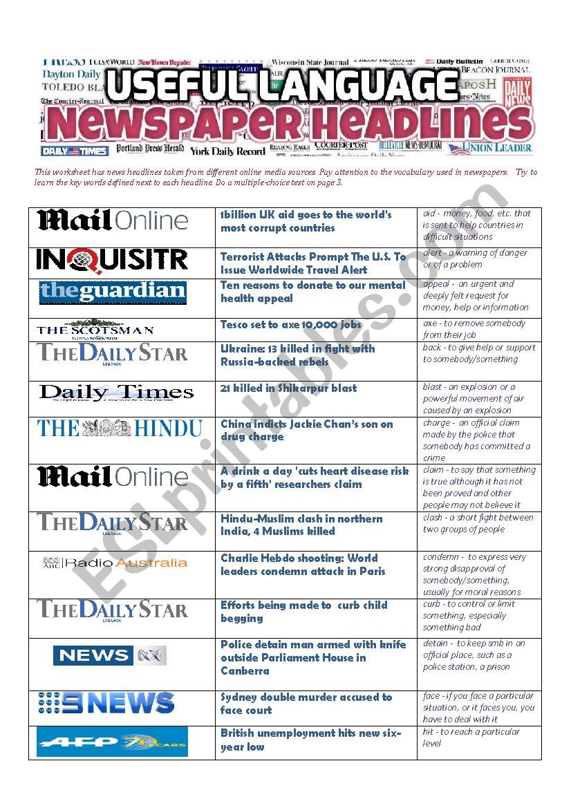 NEWSPAPER HEADLINES - Useful Language