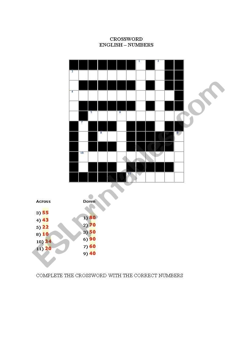 Crossword Numbers worksheet