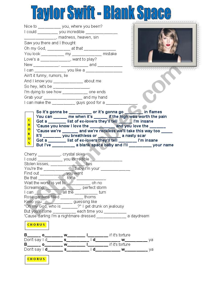 Taylor Swift Blank Space worksheet