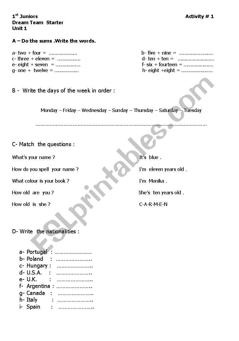 Days of the week -Numbers -Nationalities 