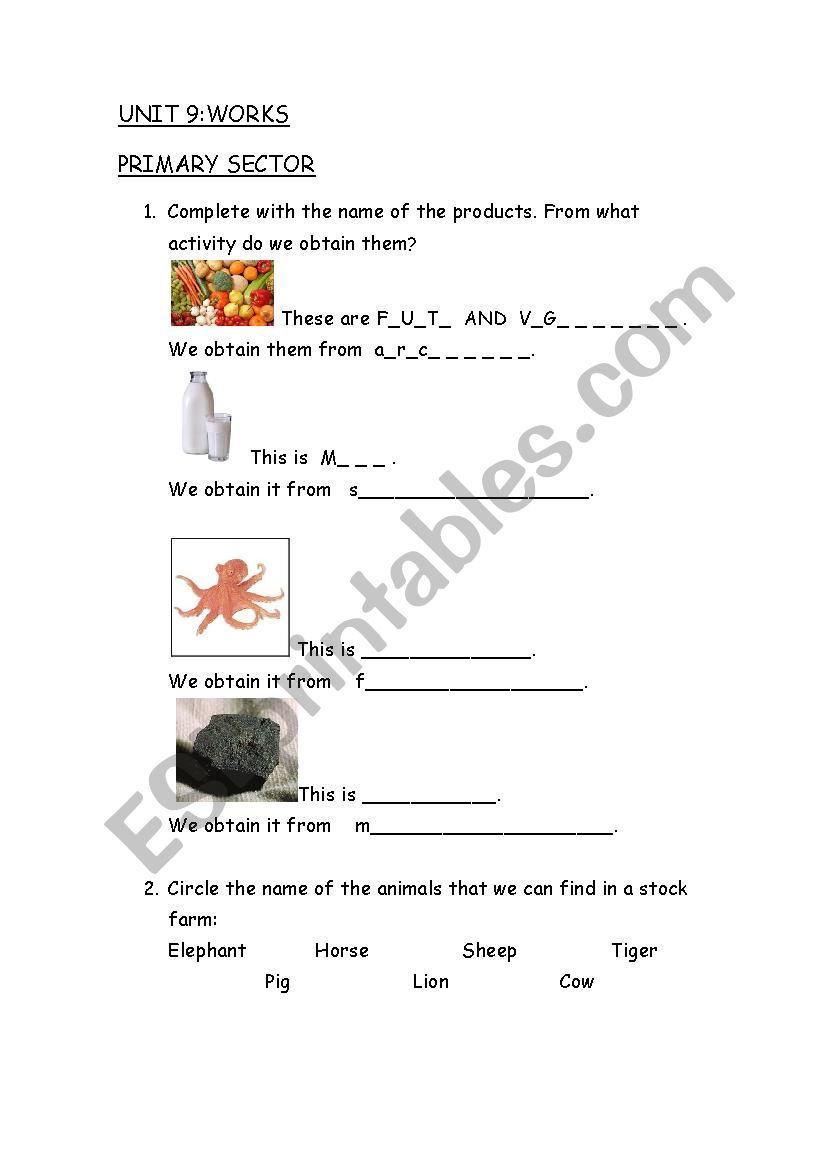 The primary sector- Jobs worksheet