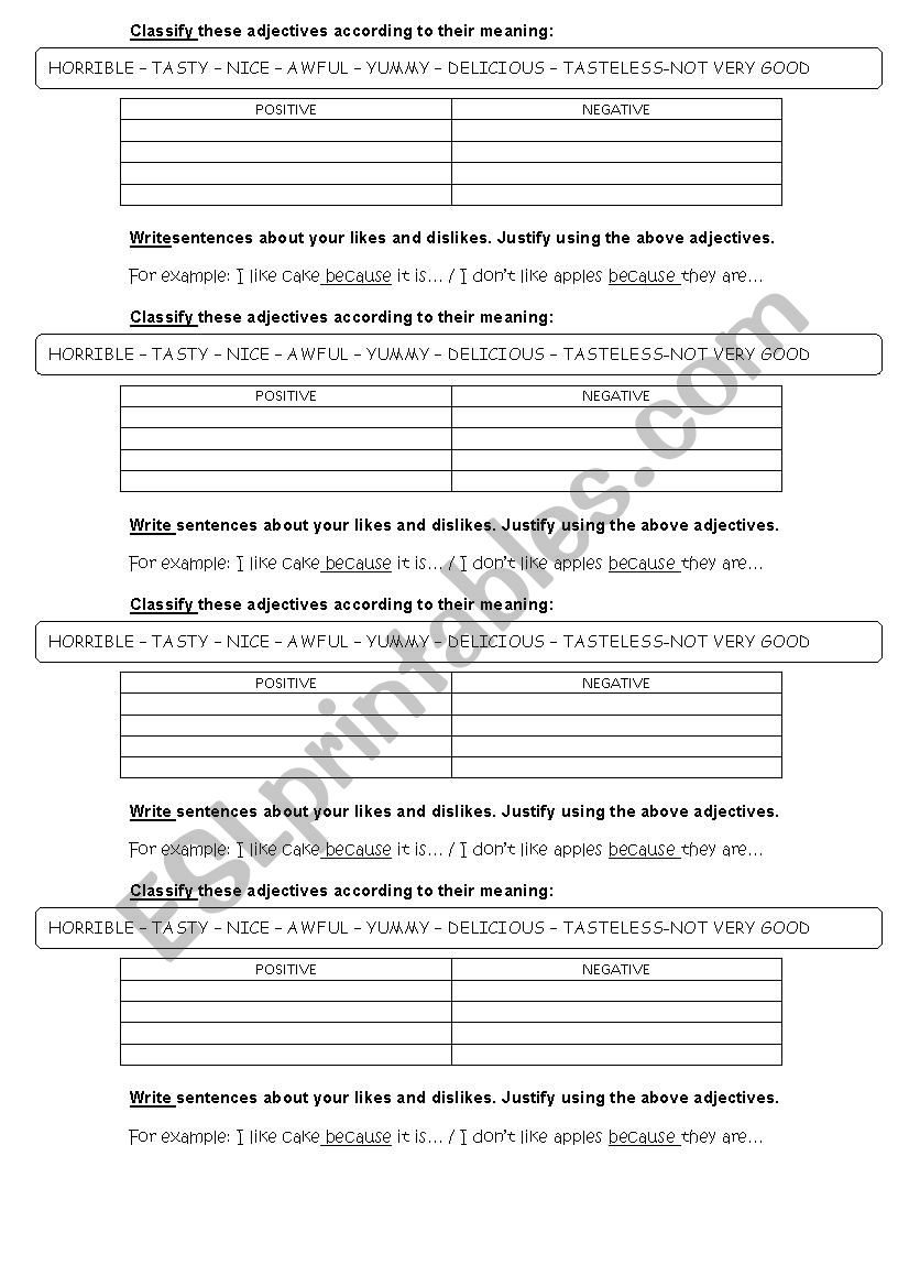 Adjectives to describe taste worksheet