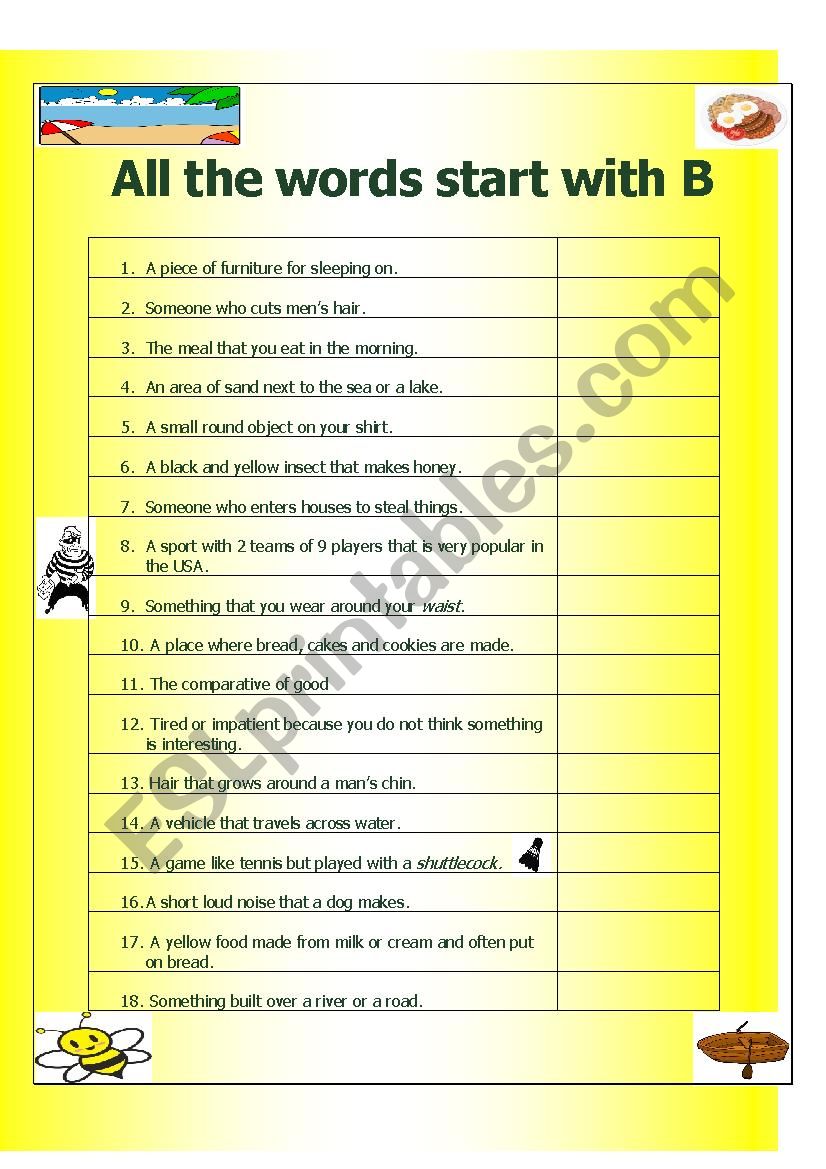 All the Words Start with B worksheet