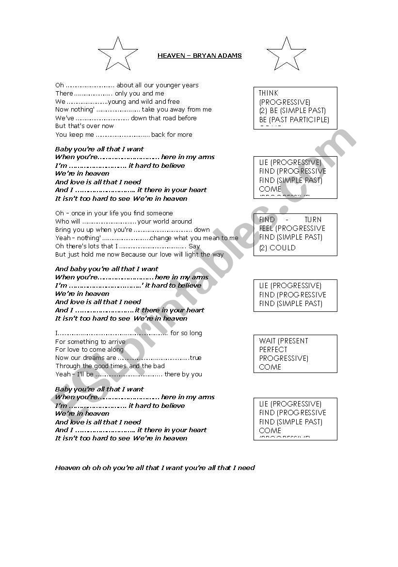 HEAVEN BRYAN ADAMS TO PRACTICE PAST PROGRESSIVE AND SIMPLE  PAST