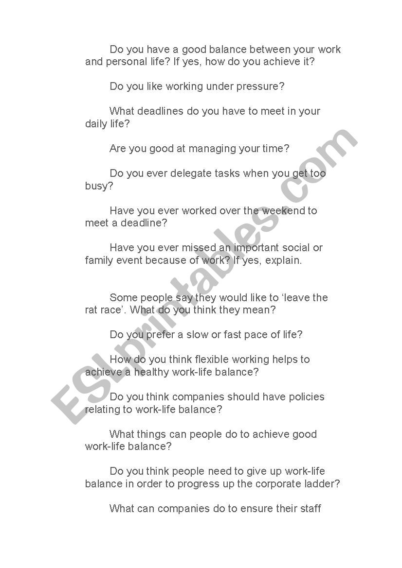 Work Life Balance worksheet