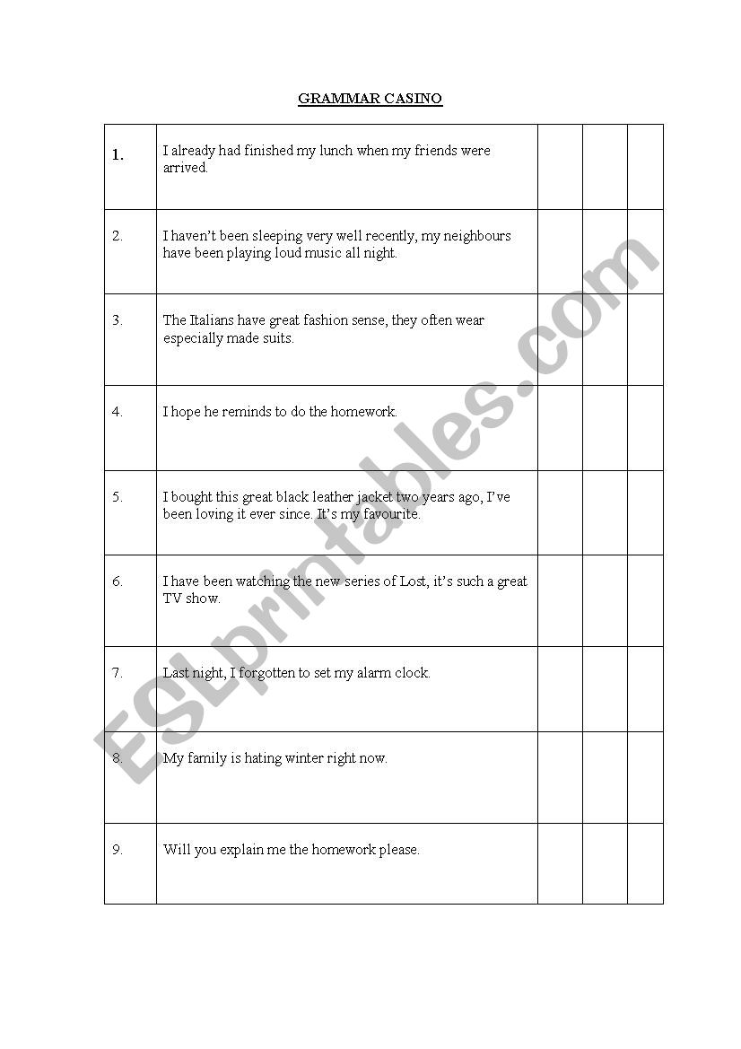 Grammar Casino worksheet