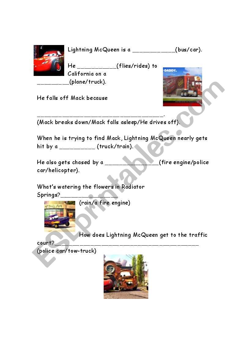 Cars Comprehension worksheet