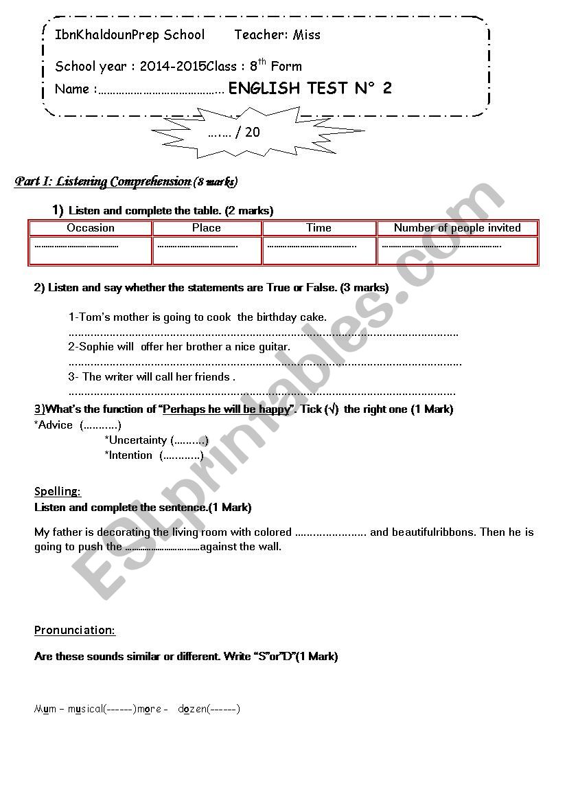 8 th form test 2 worksheet