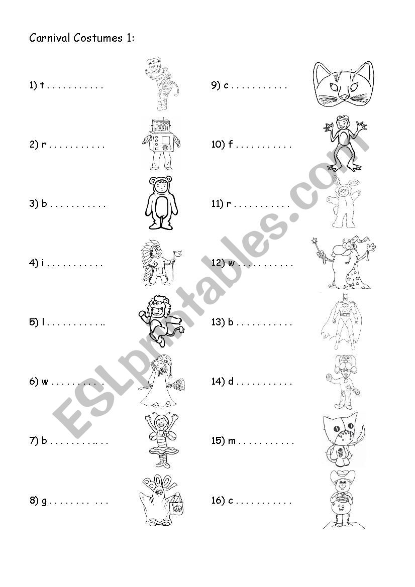 Carnival Costumes 1 worksheet