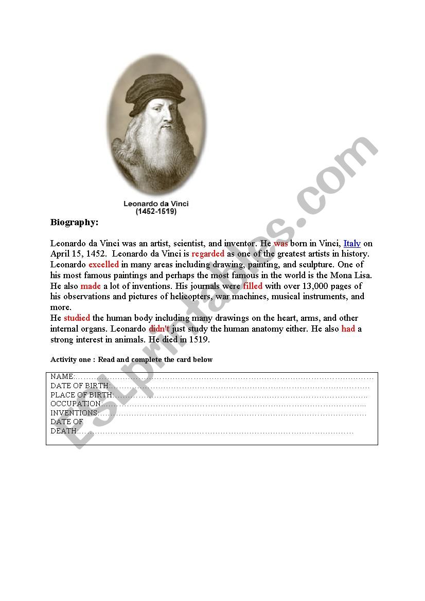 Leonardo da Vinci biography worksheet