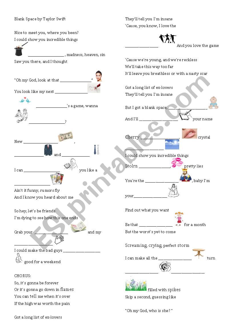 Blank Space by Taylor Swift worksheet