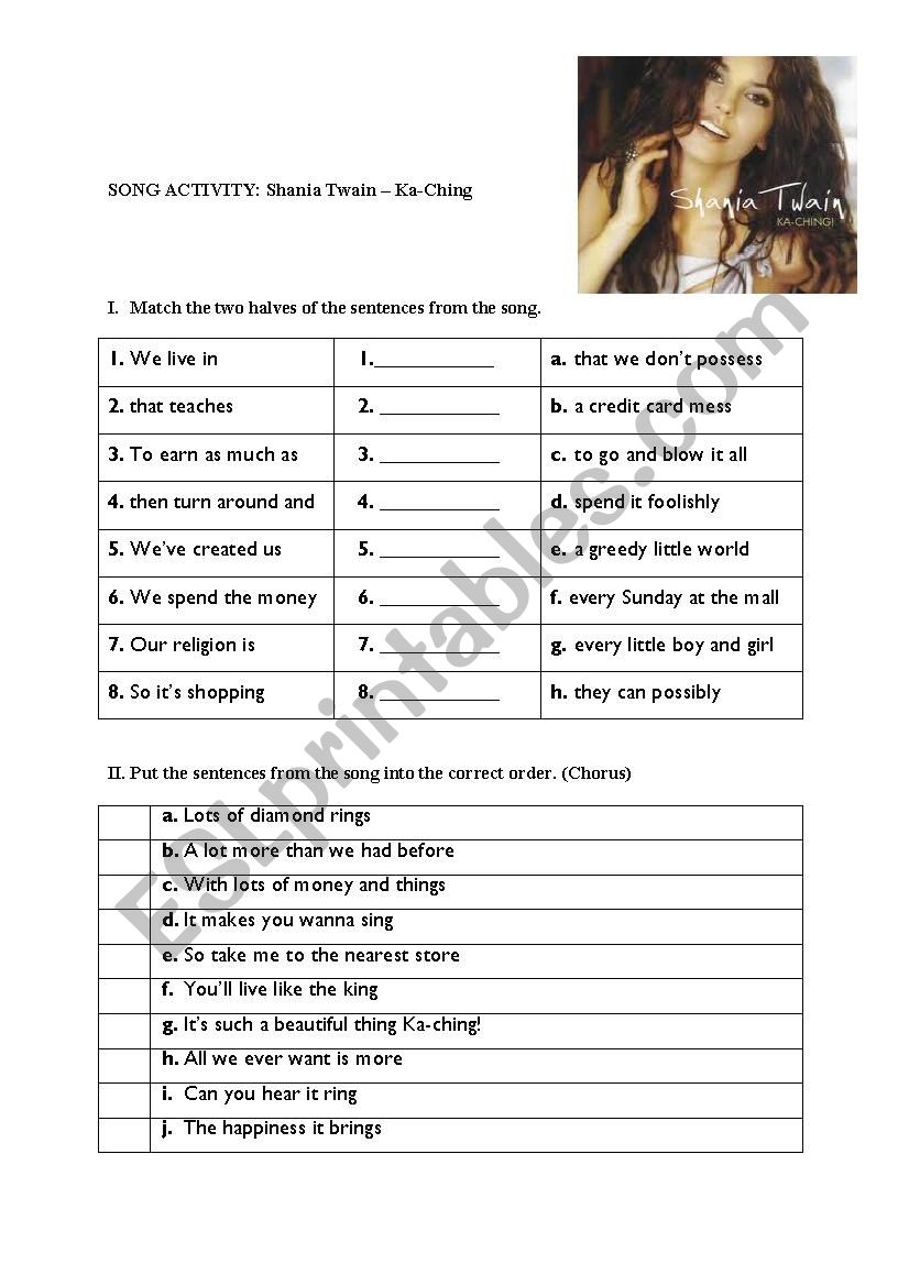 Ka-ching by Shania Twain worksheet