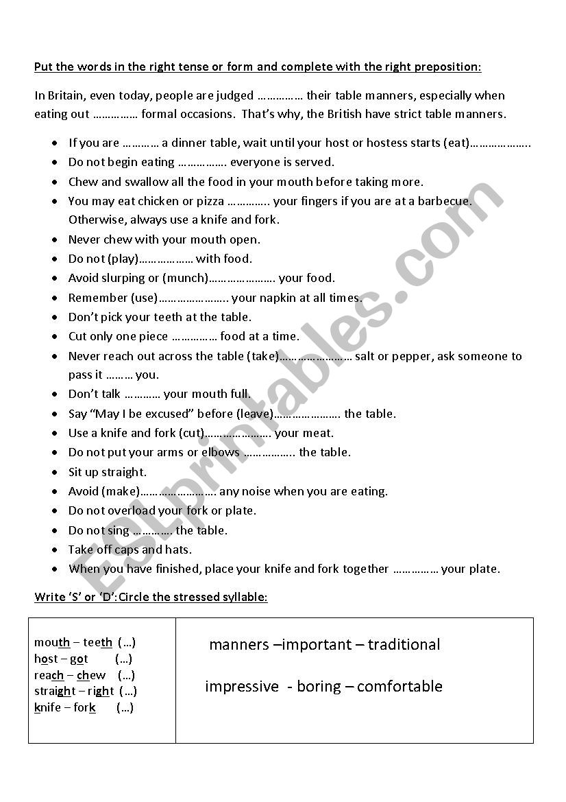 Table manners  worksheet
