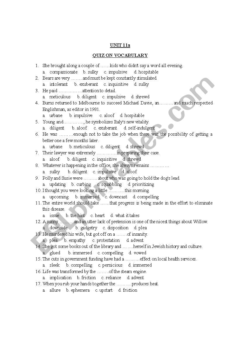 Vocabulary test worksheet