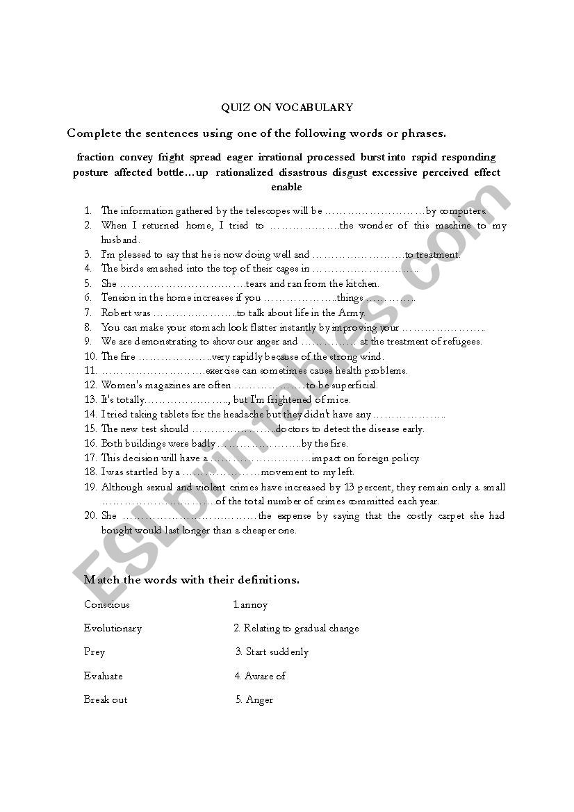 Vocabulary test - ESL worksheet by nlegou