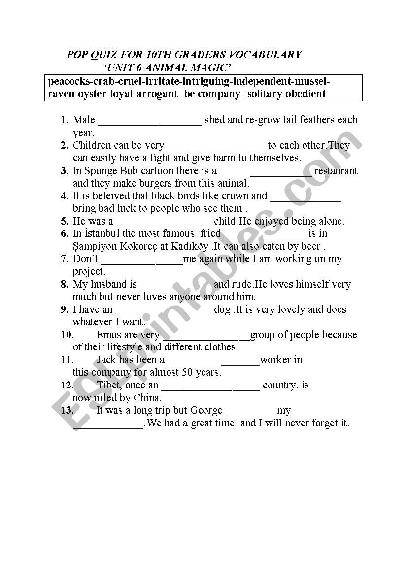 vocabulary for ntermediate  worksheet