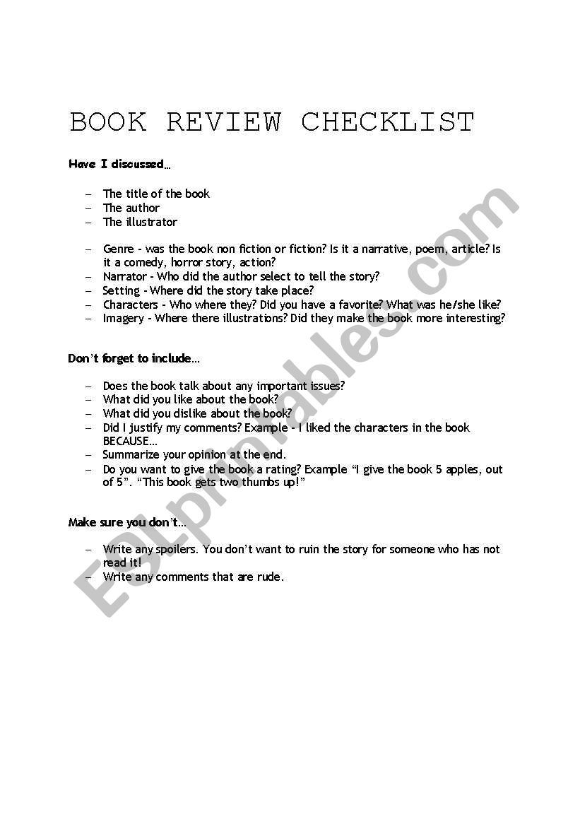 Book Review Checklist worksheet