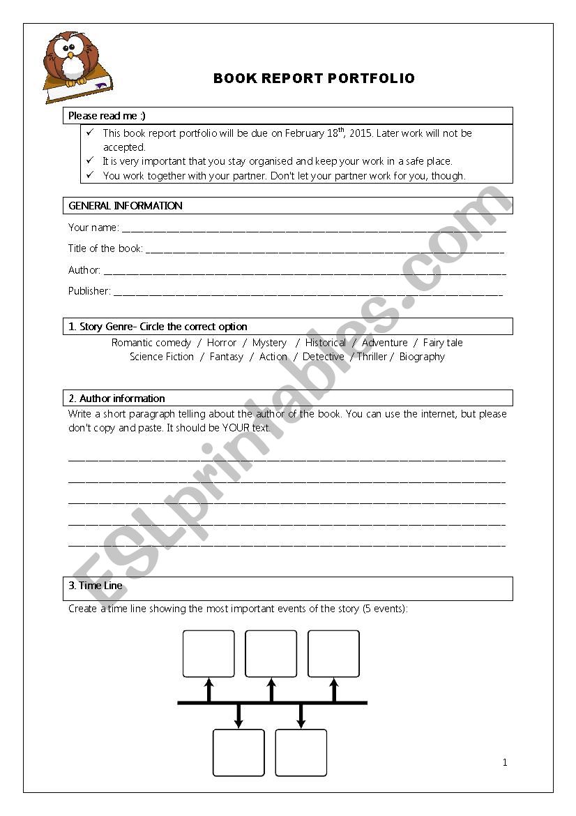 book report portfolio  worksheet