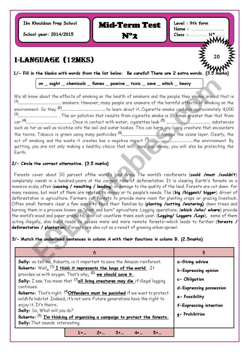 Mid-Term Test 2 for 9th formers