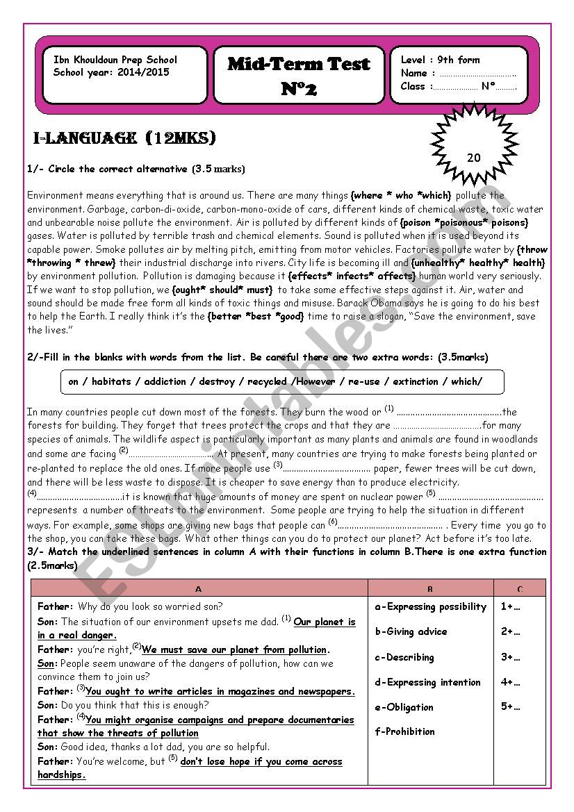 Another test for 9th formers worksheet