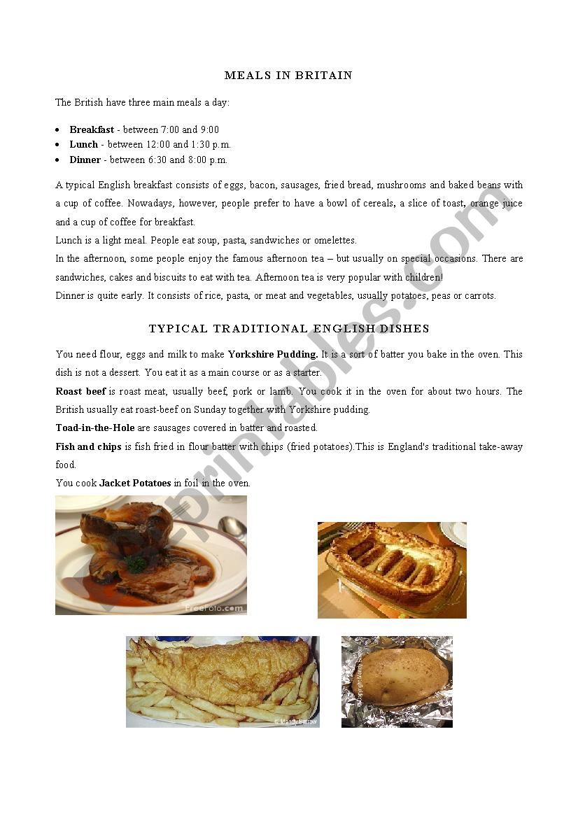 Meals in Britain worksheet