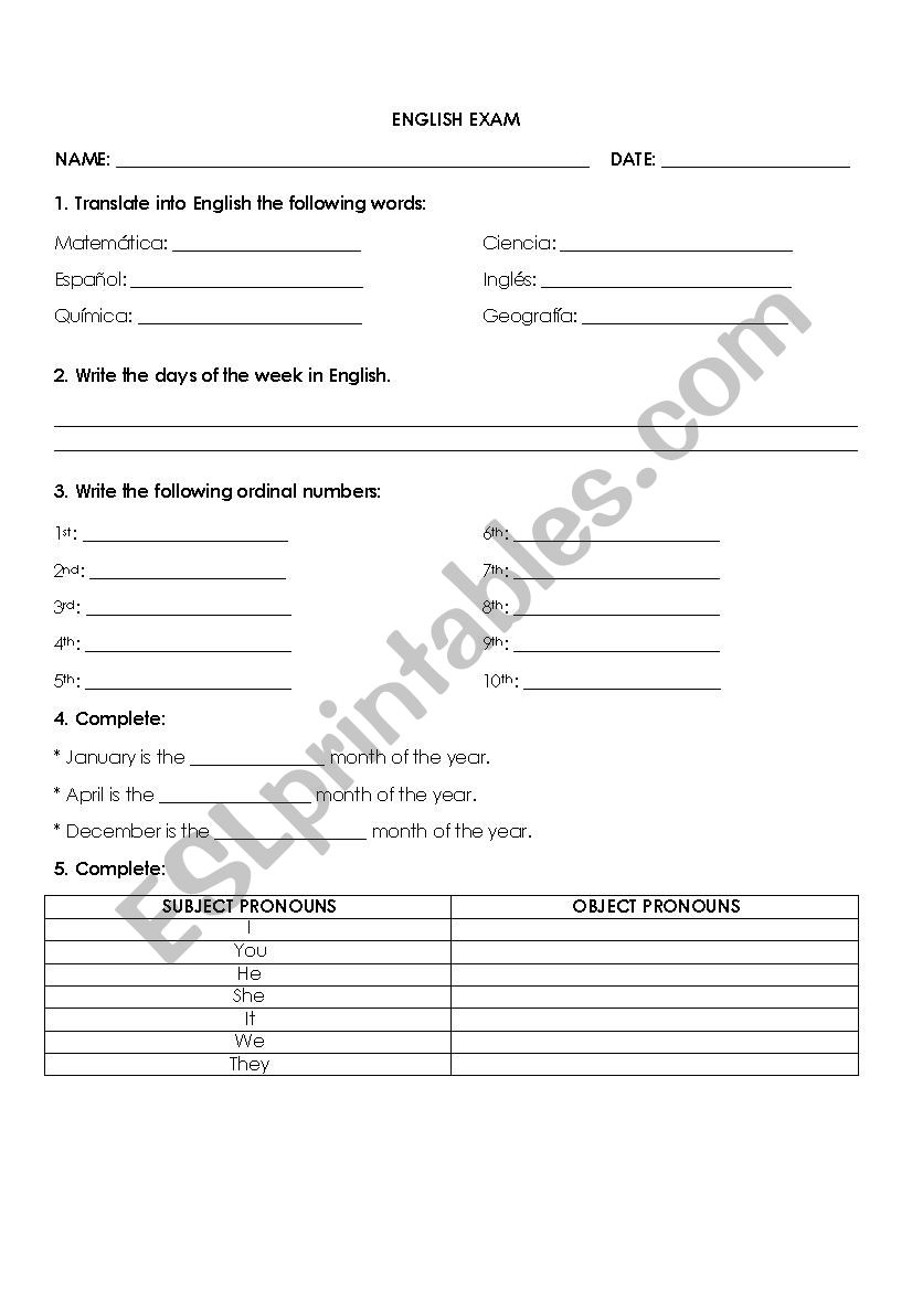 Subject worksheet