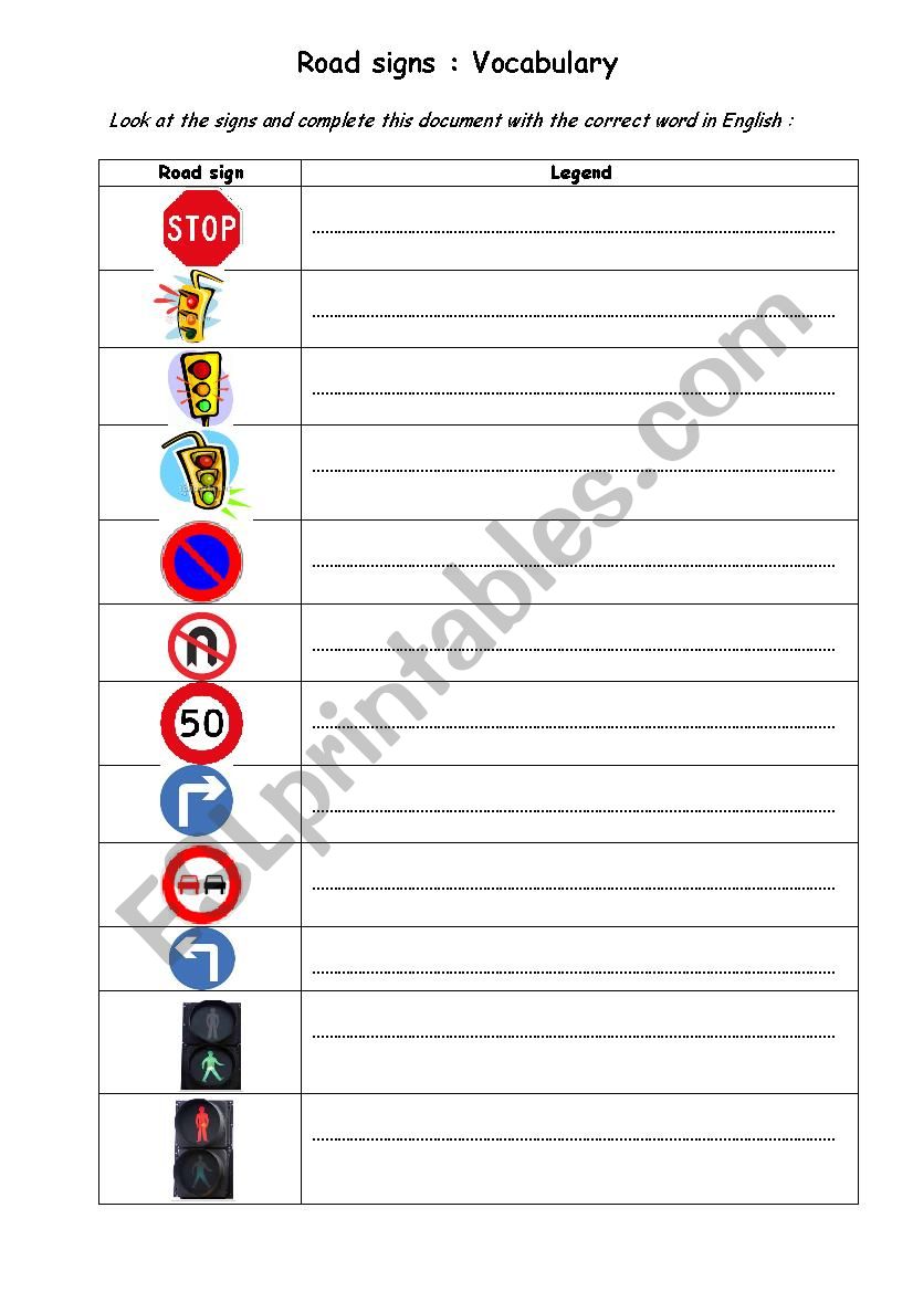 Road signs worksheet