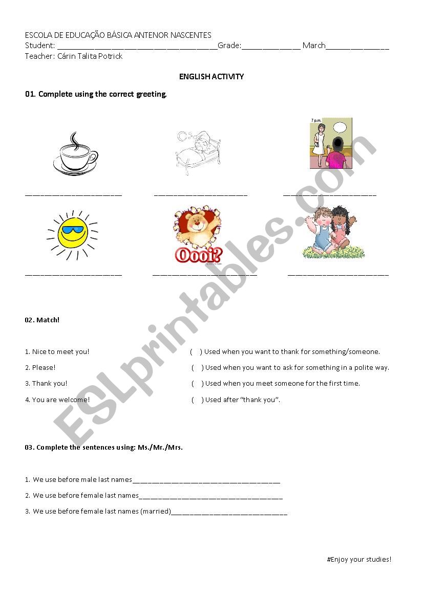 Greetings/magic words/ titles worksheet