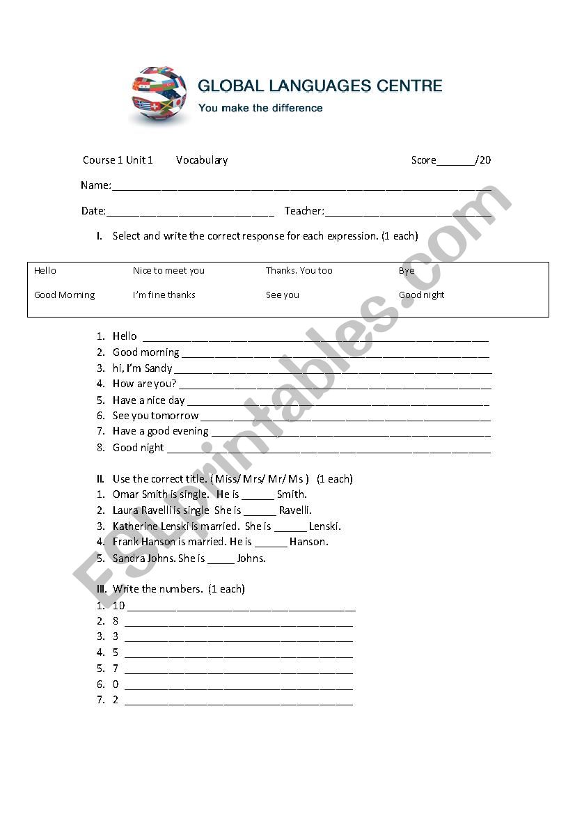 Introductions Worksheet worksheet