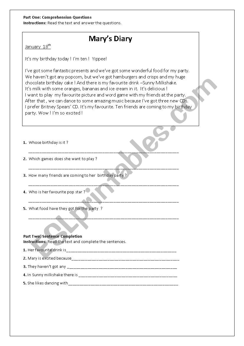 reading comprehension worksheet